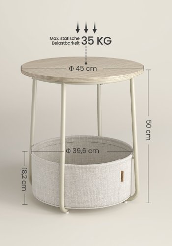 VASAGLE Litet runt soffbord, sidobord med tygkorg, f&ouml;rvaring f&ouml;r vardagsrum, sovrum, s&auml;ngbord, modern stil, kr&auml;mvit LET223K67
