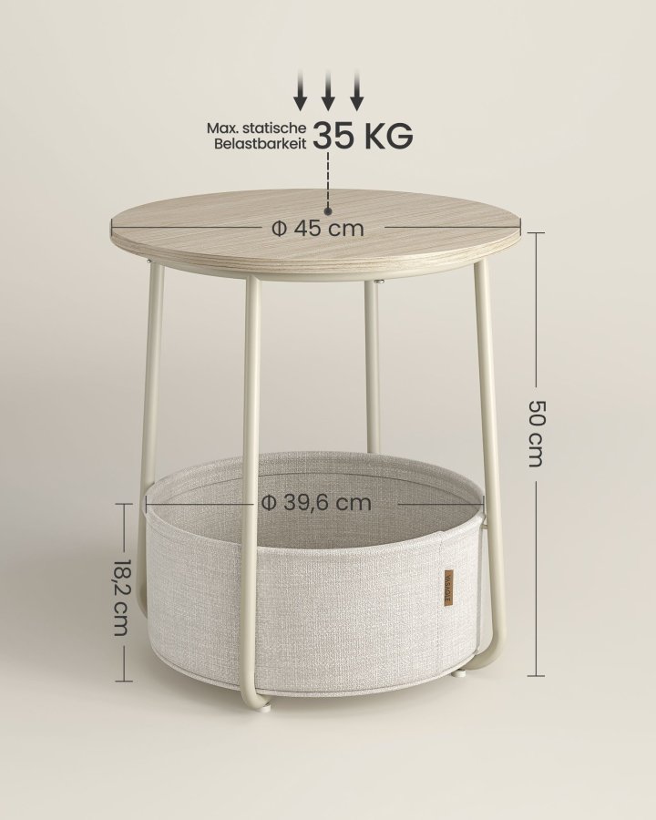 VASAGLE Litet runt soffbord, sidobord med tygkorg, f&ouml;rvaring f&ouml;r vardagsrum, sovrum, s&auml;ngbord, modern stil, kr&auml;mvit LET223K67