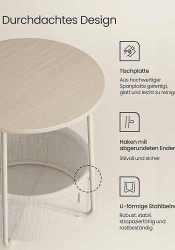 VASAGLE Litet runt soffbord, sidobord med tygkorg, f&ouml;rvaring f&ouml;r vardagsrum, sovrum, s&auml;ngbord, modern stil, kr&auml;mvit LET223K67