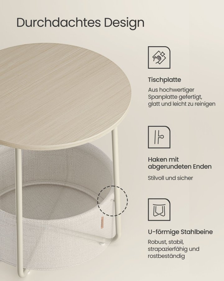 VASAGLE Litet runt soffbord, sidobord med tygkorg, f&ouml;rvaring f&ouml;r vardagsrum, sovrum, s&auml;ngbord, modern stil, kr&auml;mvit LET223K67