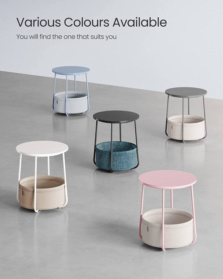 VASAGLE Beistelltisch, rund, mit 1 Stoffkorb – puderblaues Polyester und pastellblaue Spanplatte/Stahl (45)