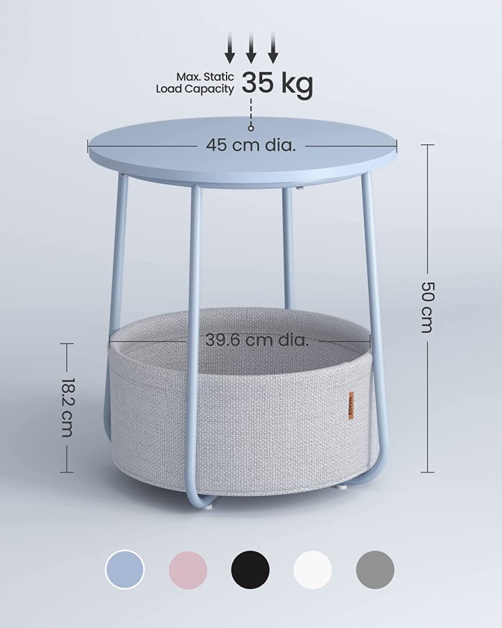 VASAGLE Beistelltisch, rund, mit 1 Stoffkorb – puderblaues Polyester und pastellblaue Spanplatte/Stahl (45)