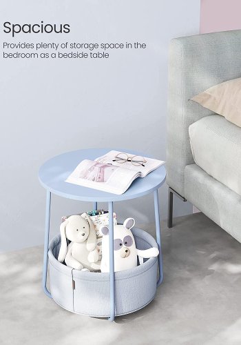 VASAGLE Beistelltisch, rund, mit 1 Stoffkorb – puderblaues Polyester und pastellblaue Spanplatte/Stahl (45)