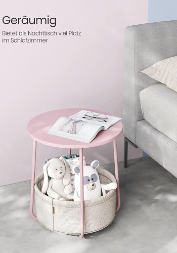 VASAGLE Beistelltisch, rund, mit 1 Stoffkorb – weißes Polyester und pastellrosa Spanplatte/Stahl (45)