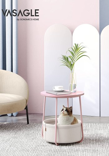 VASAGLE Beistelltisch, rund, mit 1 Stoffkorb – weißes Polyester und pastellrosa Spanplatte/Stahl (45)