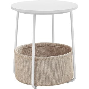 VASAGLE sidobord, runt sidobord med tygkorg, rymligt, fr vardagsrum sovrum, nattduksbord, modern stil, vit och beige LET223W10