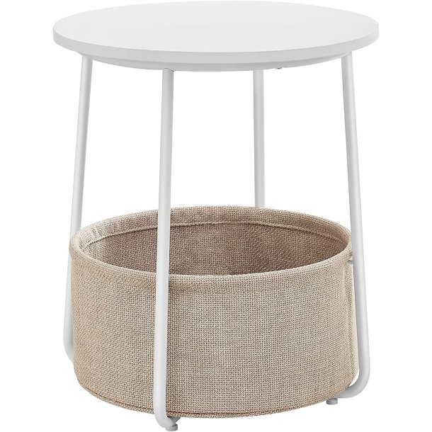Sidebord, rund, m. 1 stofkurv - beige polyester og hvid sp�nplade/st�l (�45)