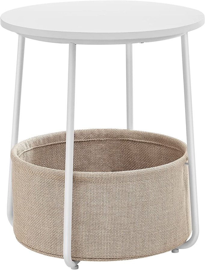 VASAGLE Beistelltisch, rund, mit 1 Stoffkorb – beiges Polyester und weiße Spanplatte/Stahl (45)
