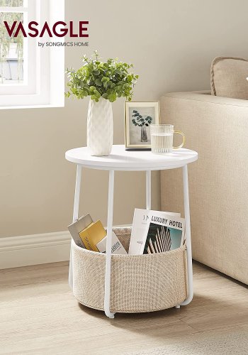 VASAGLE Beistelltisch, rund, mit 1 Stoffkorb – beiges Polyester und weiße Spanplatte/Stahl (45)