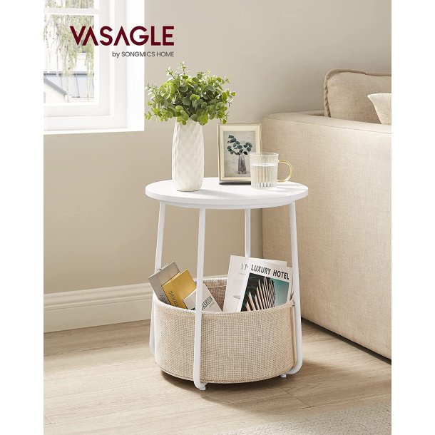 Sidebord, rund, m. 1 stofkurv - beige polyester og hvid sp�nplade/st�l (�45)
