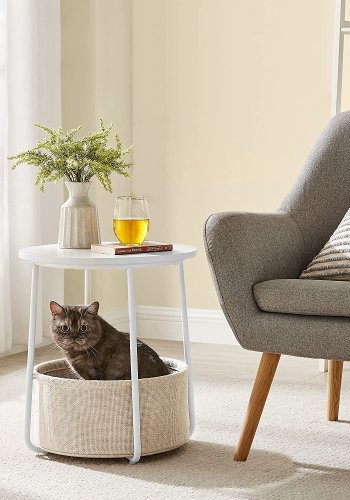 VASAGLE Beistelltisch, rund, mit 1 Stoffkorb – beiges Polyester und weiße Spanplatte/Stahl (45)