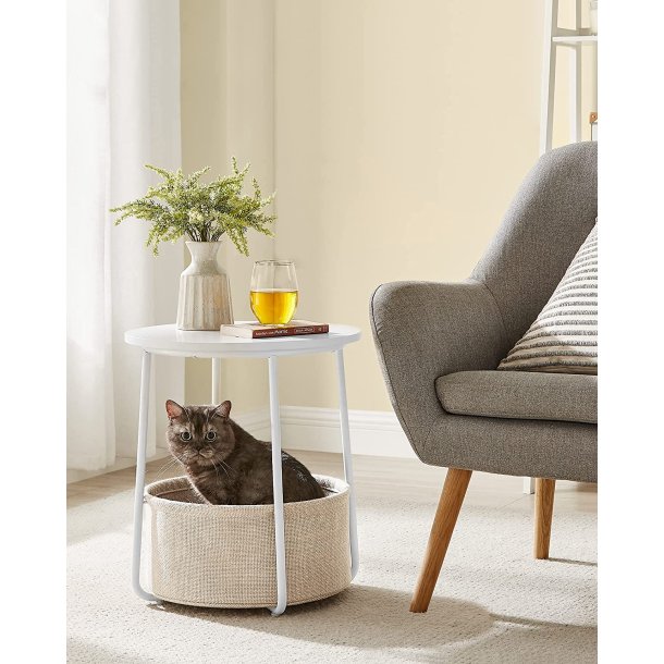 Sidebord, rund, m. 1 stofkurv - beige polyester og hvid sp�nplade/st�l (�45)