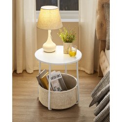 Sidebord, rund, m. 1 stofkurv - beige polyester og hvid sp�nplade/st�l (�45)