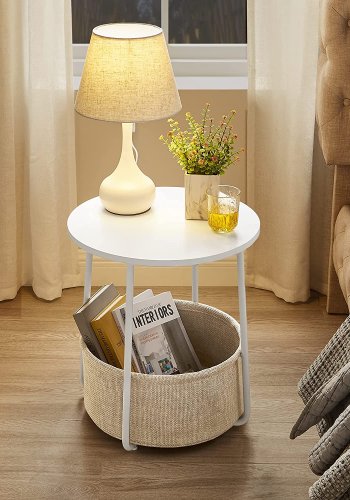 VASAGLE Beistelltisch, rund, mit 1 Stoffkorb – beiges Polyester und weiße Spanplatte/Stahl (45)