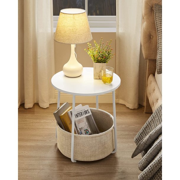 Sidebord, rund, m. 1 stofkurv - beige polyester og hvid sp�nplade/st�l (�45)