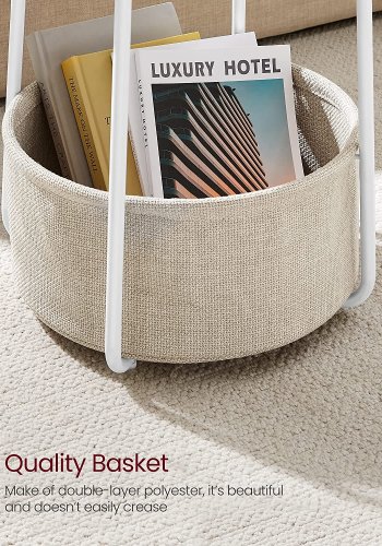 VASAGLE Beistelltisch, rund, mit 1 Stoffkorb – beiges Polyester und weiße Spanplatte/Stahl (45)