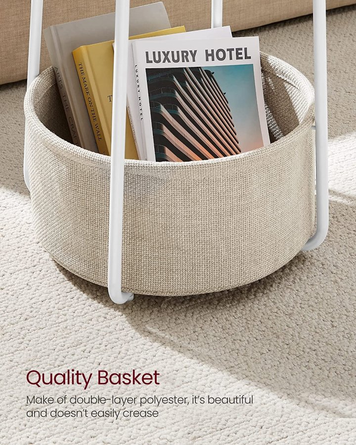 VASAGLE Beistelltisch, rund, mit 1 Stoffkorb – beiges Polyester und weiße Spanplatte/Stahl (45)