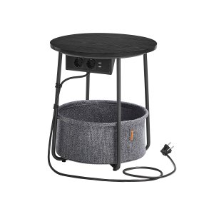 VASAGLE Rundt sidebord med ladestation, lille bord med stikkontakt, sofabord, USB-porte, stofkurv, stue sovev�relse, moderne natbord, ibenholt sort-skifergr� LET228B02