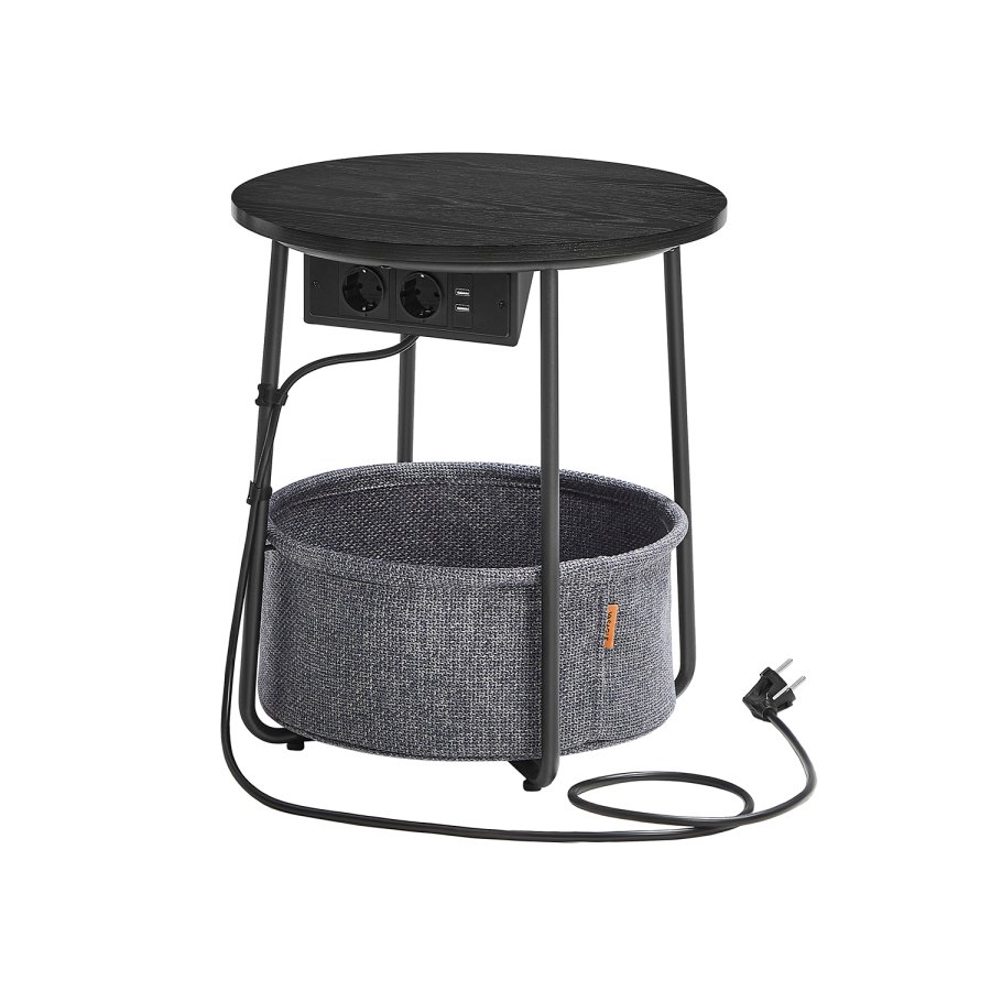 VASAGLE Rundt sidebord med ladestation, lille bord med stikkontakt, sofabord, USB-porte, stofkurv, stue sovev�relse, moderne natbord, ibenholt sort-skifergr� LET228B02