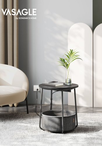 VASAGLE Rundt sidebord med ladestasjon, lite bord med stikkontakt, salongbord, USB-porter, stoffkurv, stue soverom, moderne nattbord, ibenholt svart-skifergr� LET228B02