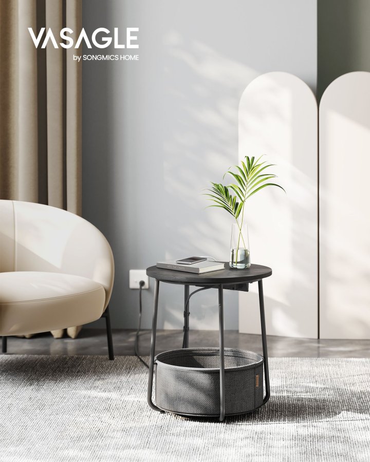 VASAGLE Rundt sidebord med ladestation, lille bord med stikkontakt, sofabord, USB-porte, stofkurv, stue sovev�relse, moderne natbord, ibenholt sort-skifergr� LET228B02