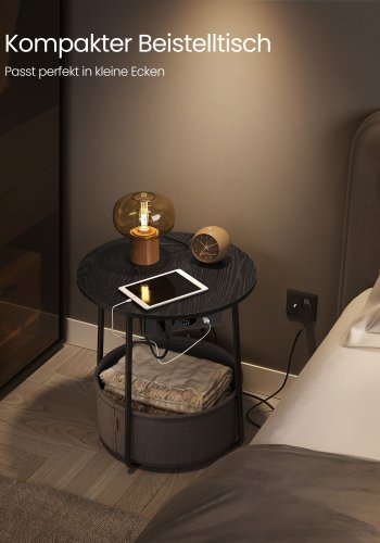 VASAGLE Rundt sidebord med ladestasjon, lite bord med stikkontakt, salongbord, USB-porter, stoffkurv, stue soverom, moderne nattbord, ibenholt svart-skifergr� LET228B02