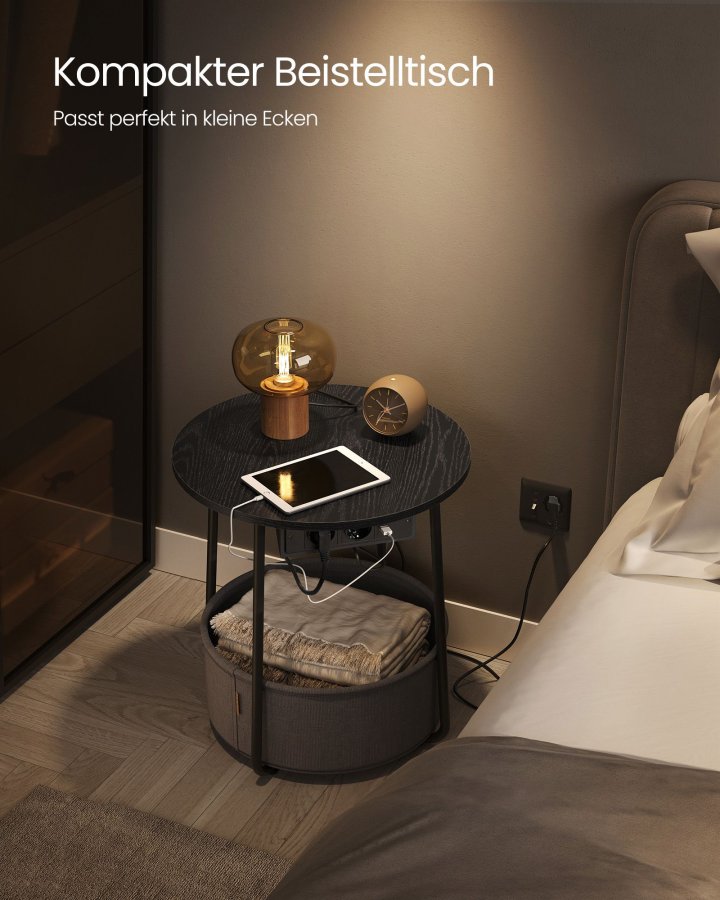 VASAGLE Rundt sidebord med ladestation, lille bord med stikkontakt, sofabord, USB-porte, stofkurv, stue sovev�relse, moderne natbord, ibenholt sort-skifergr� LET228B02