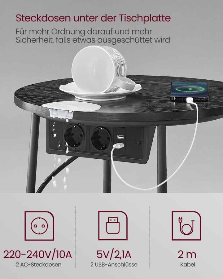 VASAGLE Rundt sidebord med ladestation, lille bord med stikkontakt, sofabord, USB-porte, stofkurv, stue sovev�relse, moderne natbord, ibenholt sort-skifergr� LET228B02