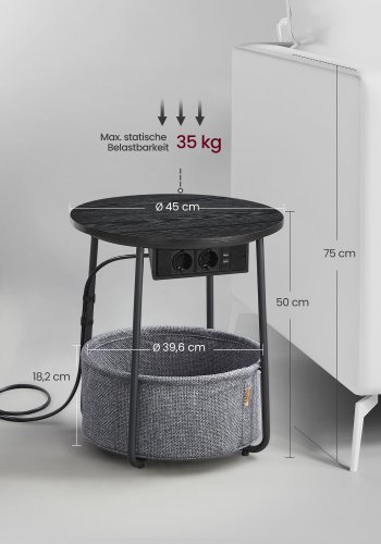 VASAGLE Rundt sidebord med ladestation, lille bord med stikkontakt, sofabord, USB-porte, stofkurv, stue sovev�relse, moderne natbord, ibenholt sort-skifergr� LET228B02