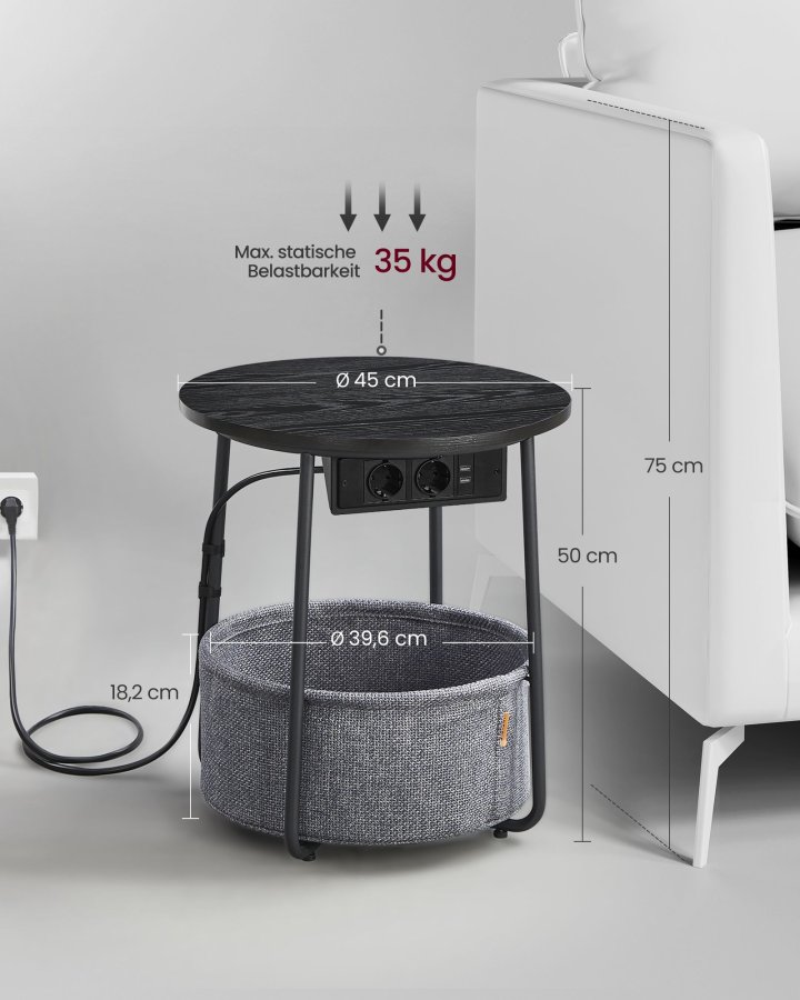 VASAGLE Rundt sidebord med ladestation, lille bord med stikkontakt, sofabord, USB-porte, stofkurv, stue sovev�relse, moderne natbord, ibenholt sort-skifergr� LET228B02