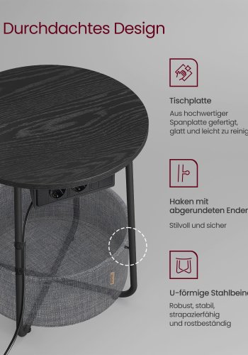 VASAGLE Rundt sidebord med ladestation, lille bord med stikkontakt, sofabord, USB-porte, stofkurv, stue sovev�relse, moderne natbord, ibenholt sort-skifergr� LET228B02