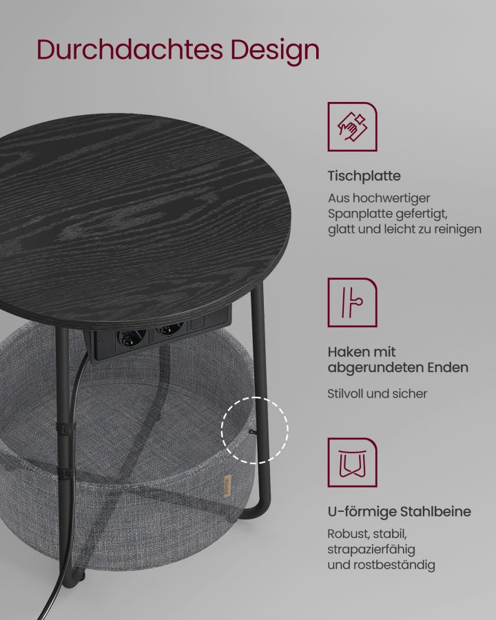 VASAGLE Rundt sidebord med ladestation, lille bord med stikkontakt, sofabord, USB-porte, stofkurv, stue sovev�relse, moderne natbord, ibenholt sort-skifergr� LET228B02