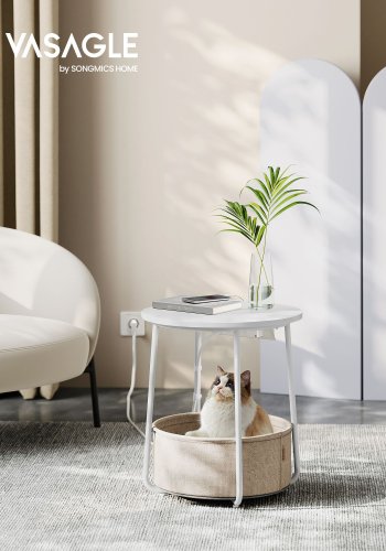 VASAGLE Kleiner runder Couchtisch, Beistelltisch mit Stoffkorb und Steckdosenleiste, Stauraum, f�r Wohnzimmer, Schlafzimmer, Nachttisch, moderner Stil, mattwei� und kamelbraun LET228W02