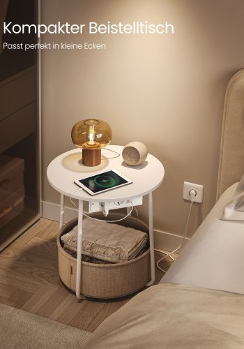 VASAGLE Kleiner runder Couchtisch, Beistelltisch mit Stoffkorb und Steckdosenleiste, Stauraum, f�r Wohnzimmer, Schlafzimmer, Nachttisch, moderner Stil, mattwei� und kamelbraun LET228W02