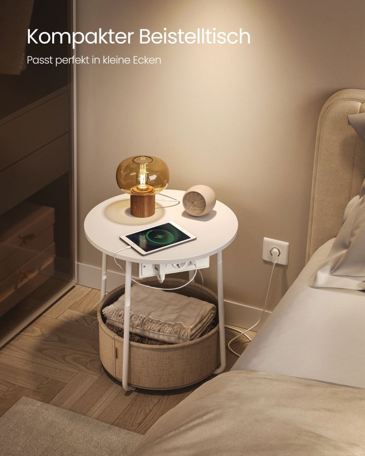 VASAGLE Lille rundt sofabord, sidebord med stofkurv og str�mskinne, opbevaring, til stue, sovev�relse, sengebord, moderne stil, mat hvid og kamelbrun LET228W02