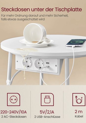 VASAGLE Lille rundt sofabord, sidebord med stofkurv og str�mskinne, opbevaring, til stue, sovev�relse, sengebord, moderne stil, mat hvid og kamelbrun LET228W02