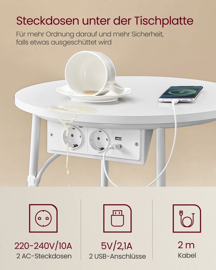 VASAGLE Lille rundt sofabord, sidebord med stofkurv og str�mskinne, opbevaring, til stue, sovev�relse, sengebord, moderne stil, mat hvid og kamelbrun LET228W02