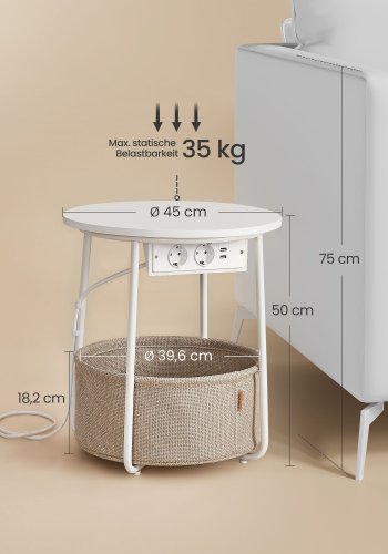 VASAGLE Lille rundt sofabord, sidebord med stofkurv og str�mskinne, opbevaring, til stue, sovev�relse, sengebord, moderne stil, mat hvid og kamelbrun LET228W02