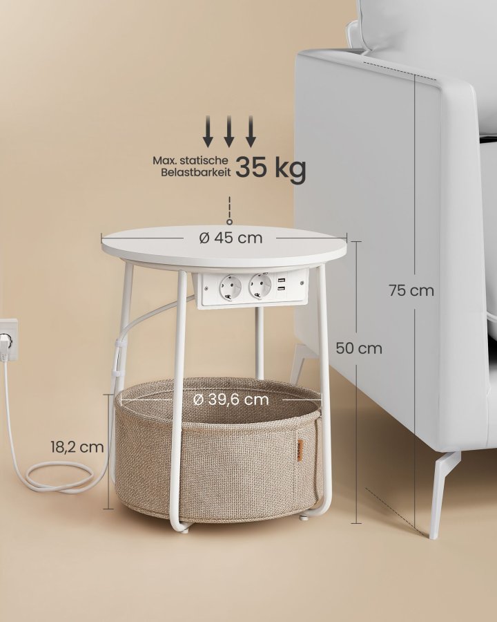 VASAGLE Lille rundt sofabord, sidebord med stofkurv og str�mskinne, opbevaring, til stue, sovev�relse, sengebord, moderne stil, mat hvid og kamelbrun LET228W02