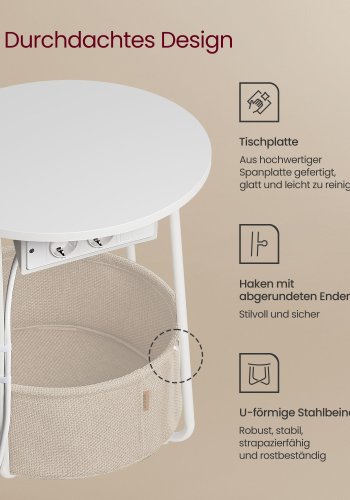 VASAGLE Lille rundt sofabord, sidebord med stofkurv og str�mskinne, opbevaring, til stue, sovev�relse, sengebord, moderne stil, mat hvid og kamelbrun LET228W02