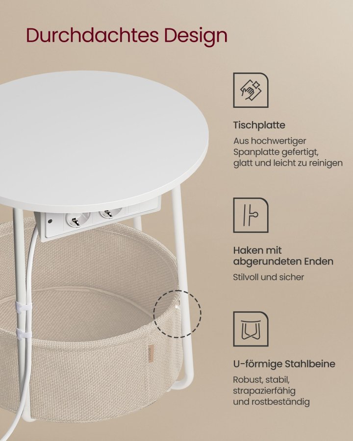 VASAGLE Lille rundt sofabord, sidebord med stofkurv og str�mskinne, opbevaring, til stue, sovev�relse, sengebord, moderne stil, mat hvid og kamelbrun LET228W02