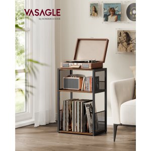 VASAGLE Pladespillerstativ, 3-lags sidebord, vinylpladeopbevaring op til 100 albums, sidebord til stue, sovev�relse, rustik brun LET275K01