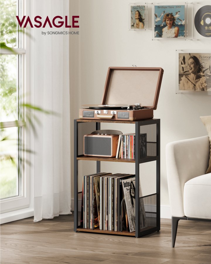 VASAGLE Pladespillerstativ, 3-lags sidebord, vinylpladeopbevaring op til 100 albums, sidebord til stue, sovev�relse, rustik brun LET275K01