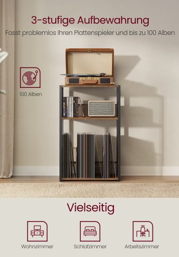 VASAGLE Pladespillerstativ, 3-lags sidebord, vinylpladeopbevaring op til 100 albums, sidebord til stue, sovev�relse, rustik brun LET275K01