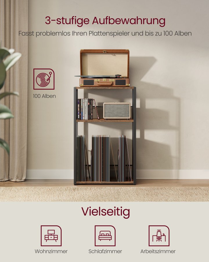 VASAGLE Pladespillerstativ, 3-lags sidebord, vinylpladeopbevaring op til 100 albums, sidebord til stue, sovev�relse, rustik brun LET275K01