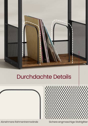 VASAGLE Pladespillerstativ, 3-lags sidebord, vinylpladeopbevaring op til 100 albums, sidebord til stue, sovev�relse, rustik brun LET275K01