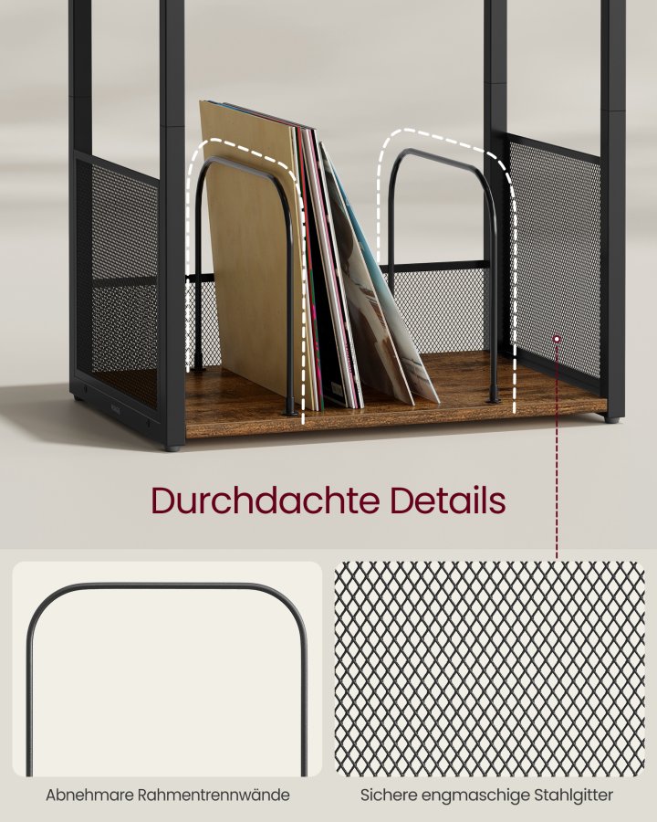 VASAGLE Pladespillerstativ, 3-lags sidebord, vinylpladeopbevaring op til 100 albums, sidebord til stue, sovev�relse, rustik brun LET275K01