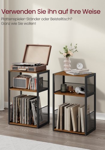 VASAGLE Pladespillerstativ, 3-lags sidebord, vinylpladeopbevaring op til 100 albums, sidebord til stue, sovev�relse, rustik brun LET275K01