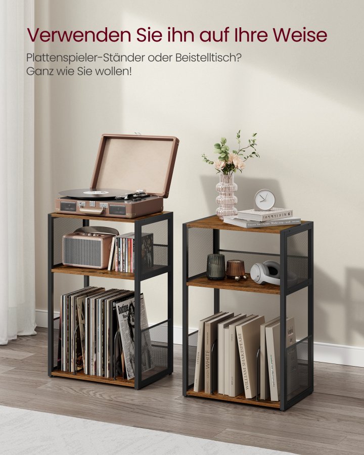 VASAGLE Pladespillerstativ, 3-lags sidebord, vinylpladeopbevaring op til 100 albums, sidebord til stue, sovev�relse, rustik brun LET275K01