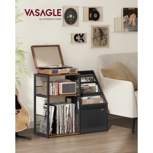 VASAGLE Pladespillerstativ, 3-lags sidebord, vinylpladeopbevaring op til 140 albums, sidebord til stue, sovev�relse, rustik brun LET276K01
